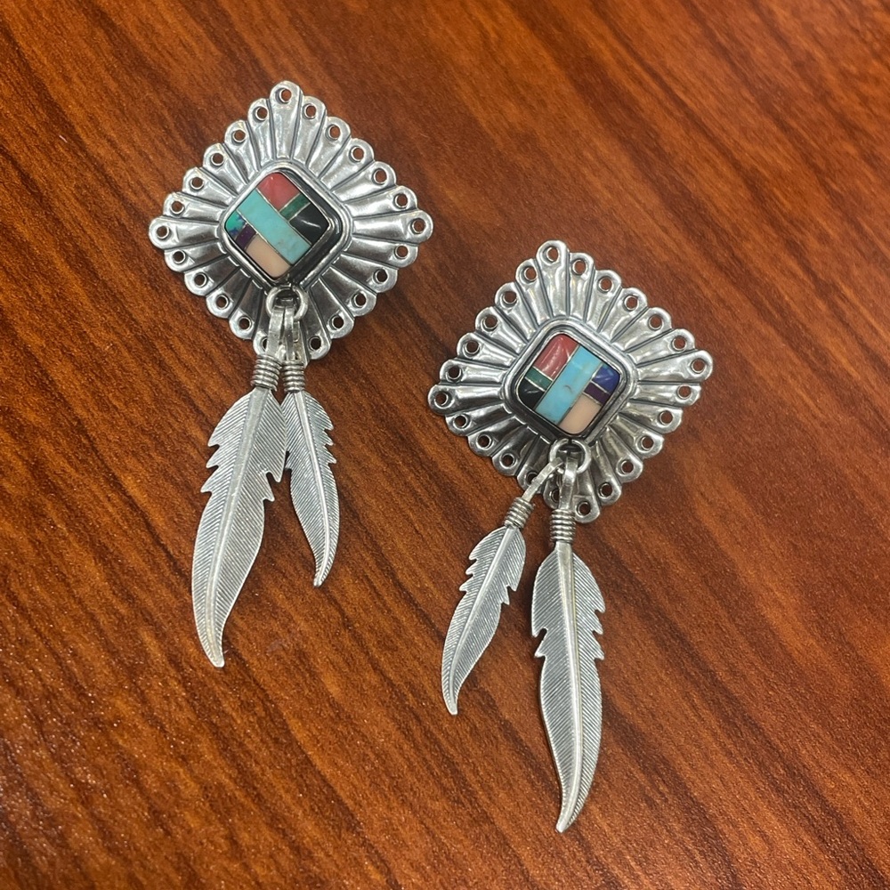 Sterling Silver Native American Dangle Earrings - image 1